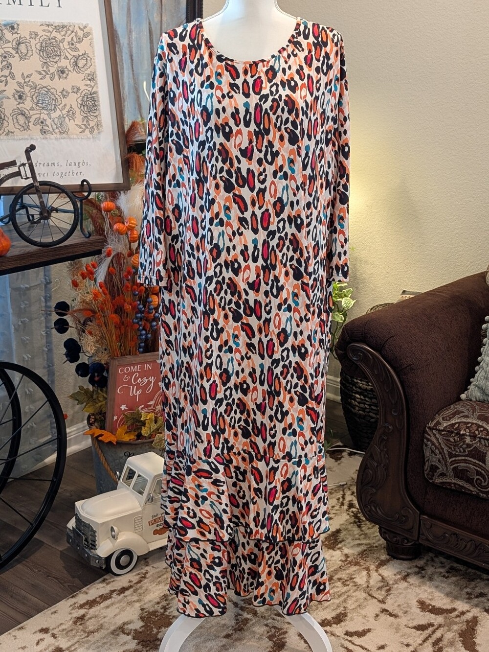 Multicolor Leopard Print Long Sleeve Maxi Dress